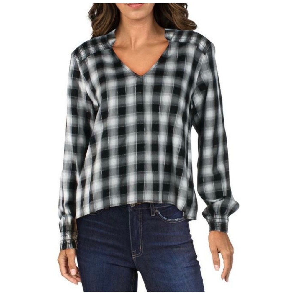 Bella‎ Dahl Stargazer Black White Metallic Plaid V Neck Top Size Small